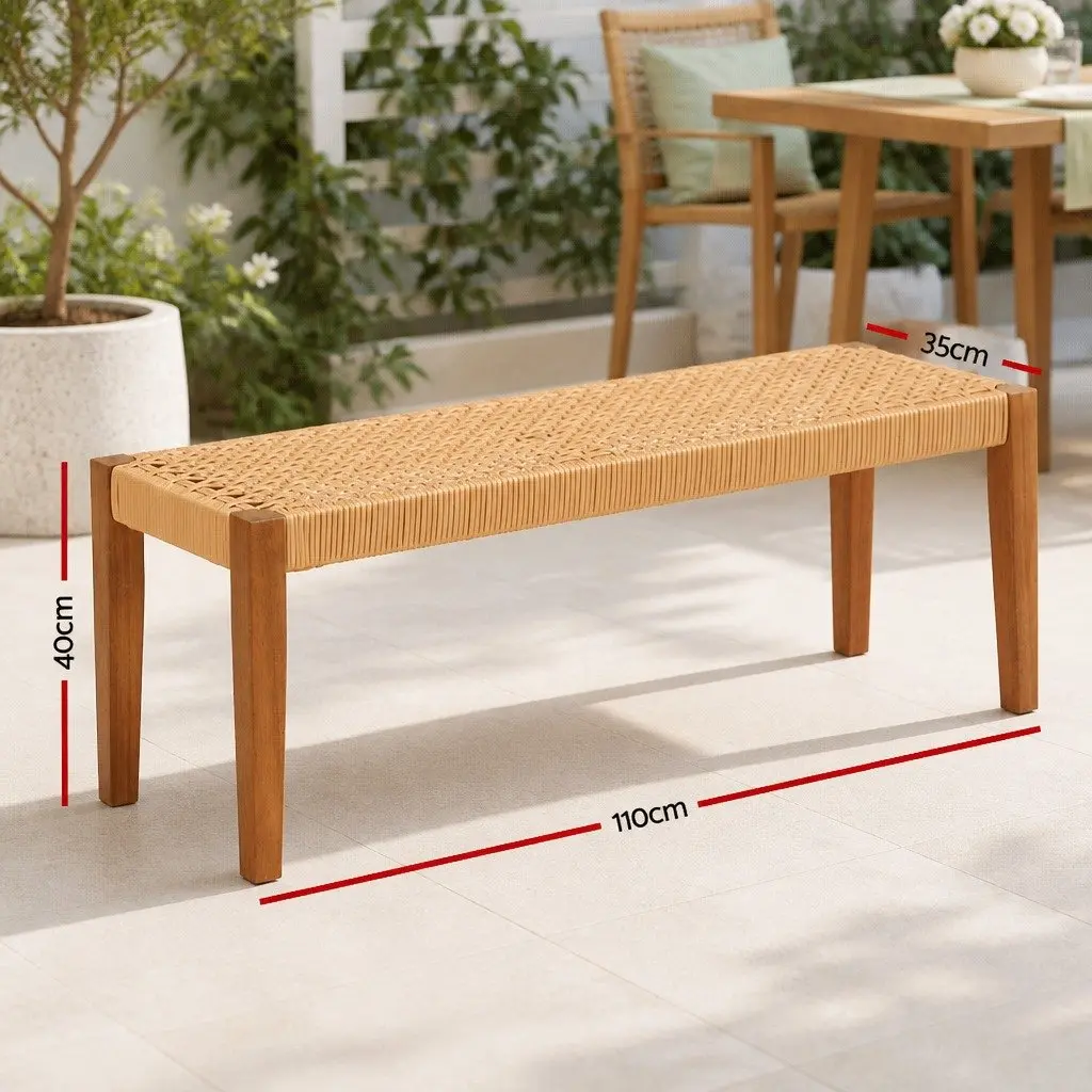 Outdoor Garden Bench 2-Seater Dining Natural Wood PE Wicker Seat
