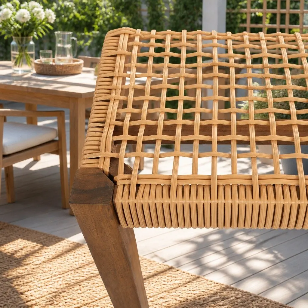 Outdoor Garden Bench 2-Seater Dining Natural Wood PE Wicker Seat