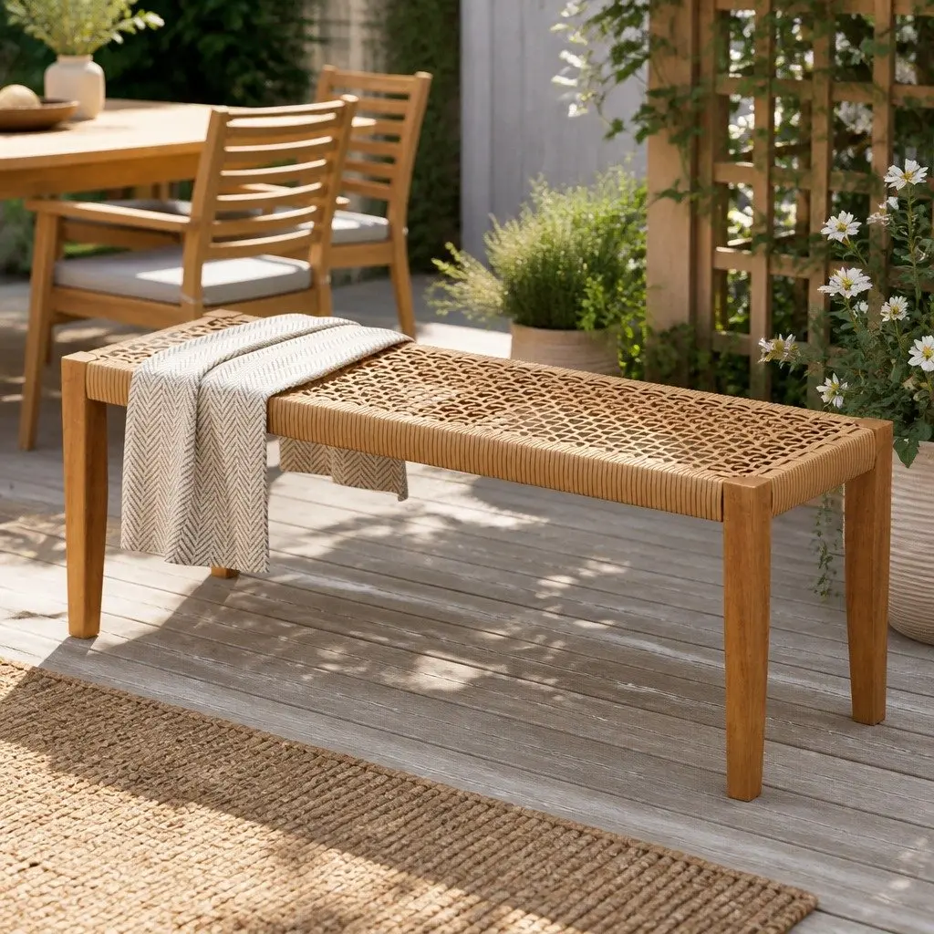 Outdoor Garden Bench 2-Seater Dining Natural Wood PE Wicker Seat
