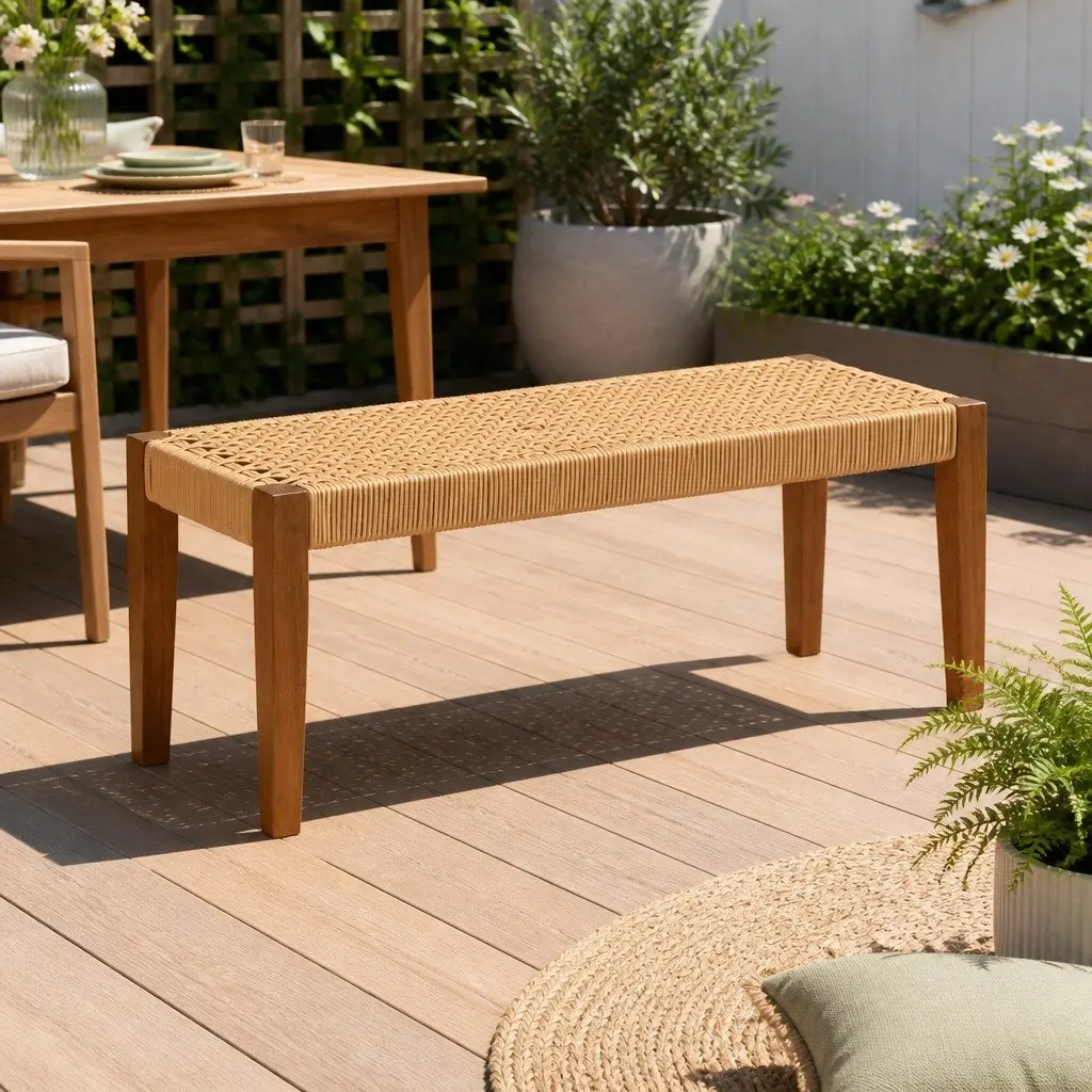 Outdoor Garden Bench 2-Seater Dining Natural Wood PE Wicker Seat