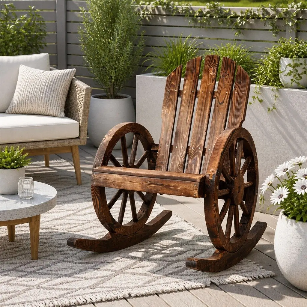 Wagon Wheels Rocking Chair Brown Outdoor Garden Furniture Rustic Wooden Rocker