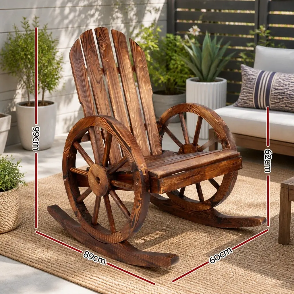Wagon Wheels Rocking Chair Brown Outdoor Garden Furniture Rustic Wooden Rocker