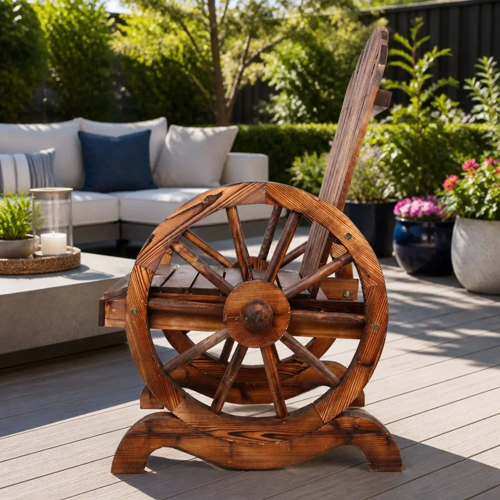 Wooden Wagon Chair Outdoor Garden Seat Brown Rustic Backrest Armrests Patio
