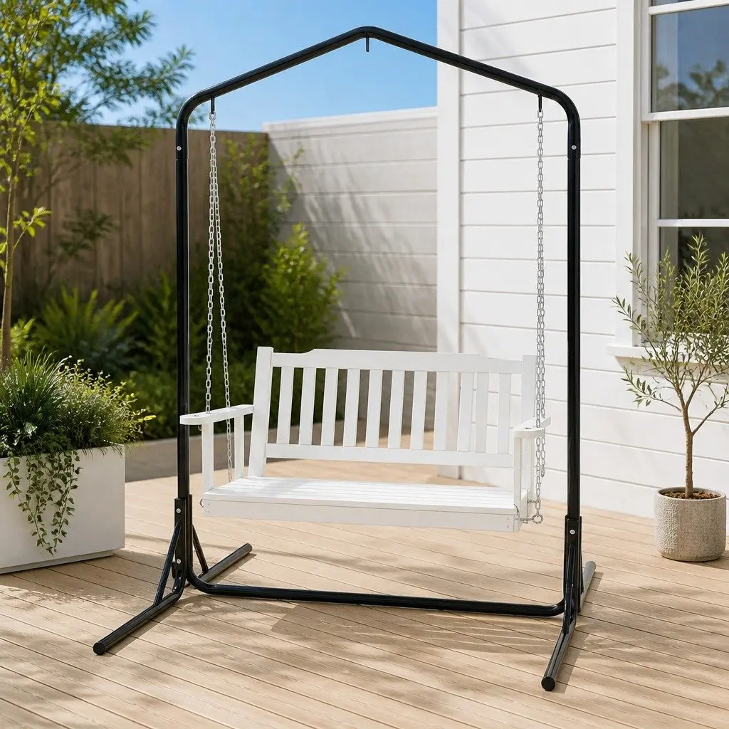 Outdoor Swing Chair Wooden Bench 2-Seater with Metal Stand White