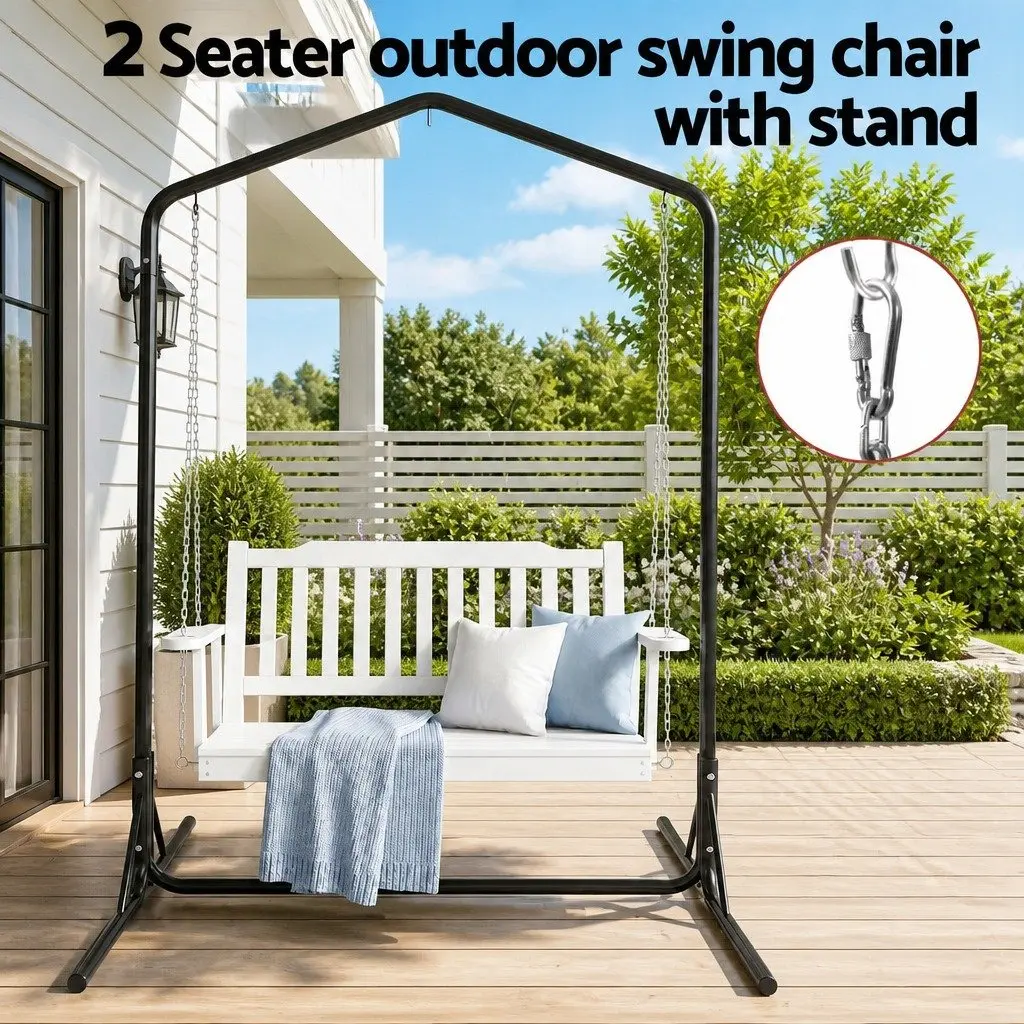 Outdoor Swing Chair Wooden Bench 2-Seater with Metal Stand White
