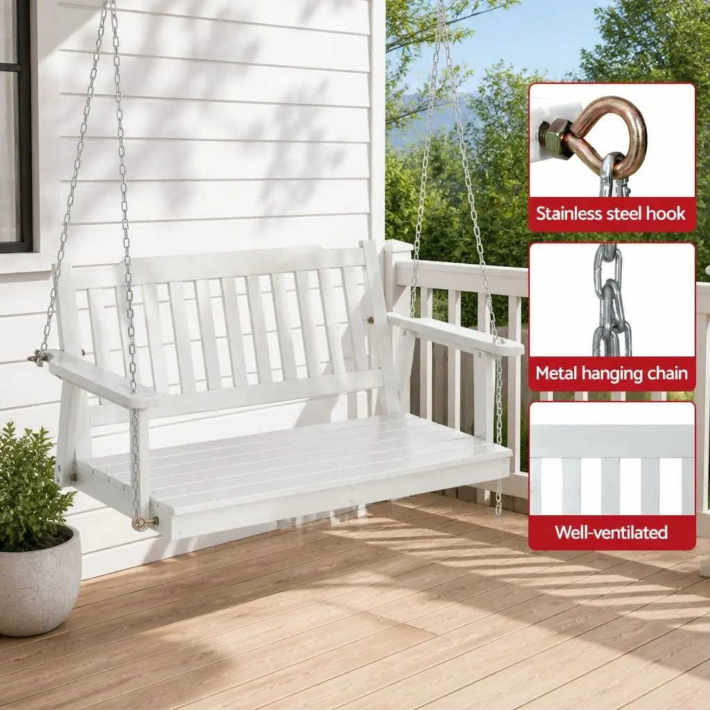 Outdoor Swing Chair Wooden Bench 2-Seater with Metal Stand White