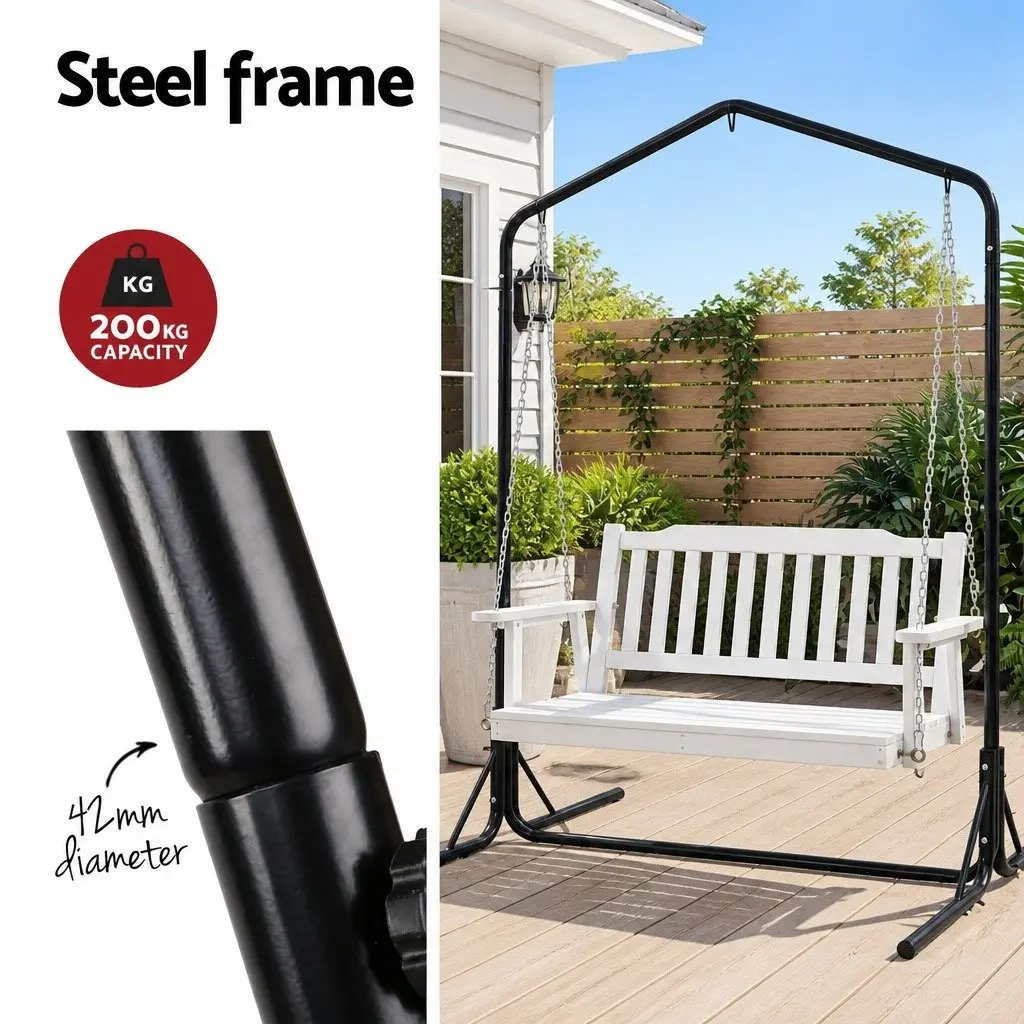 Outdoor Swing Chair Wooden Bench 2-Seater with Metal Stand White