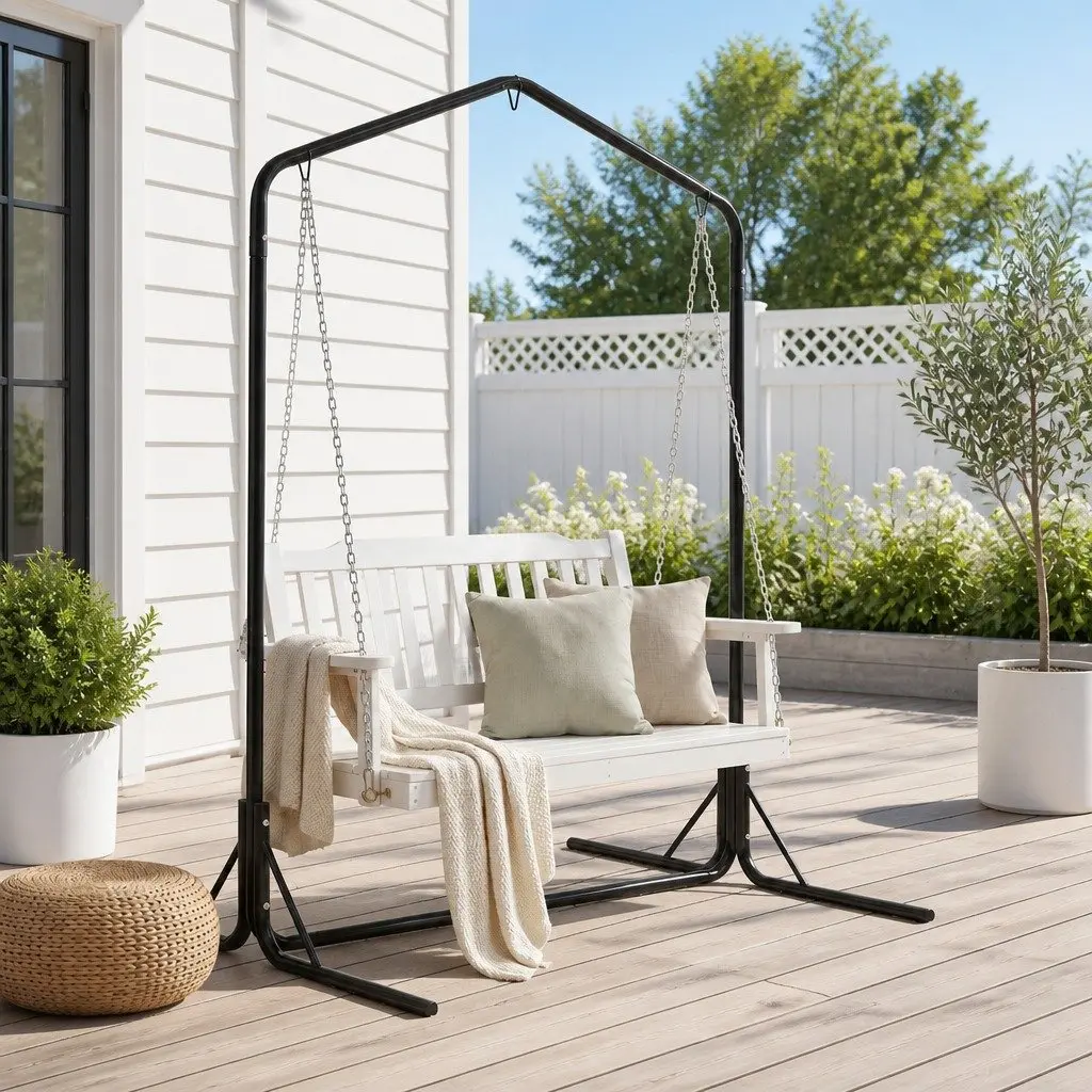 Outdoor Swing Chair Wooden Bench 2-Seater with Metal Stand White