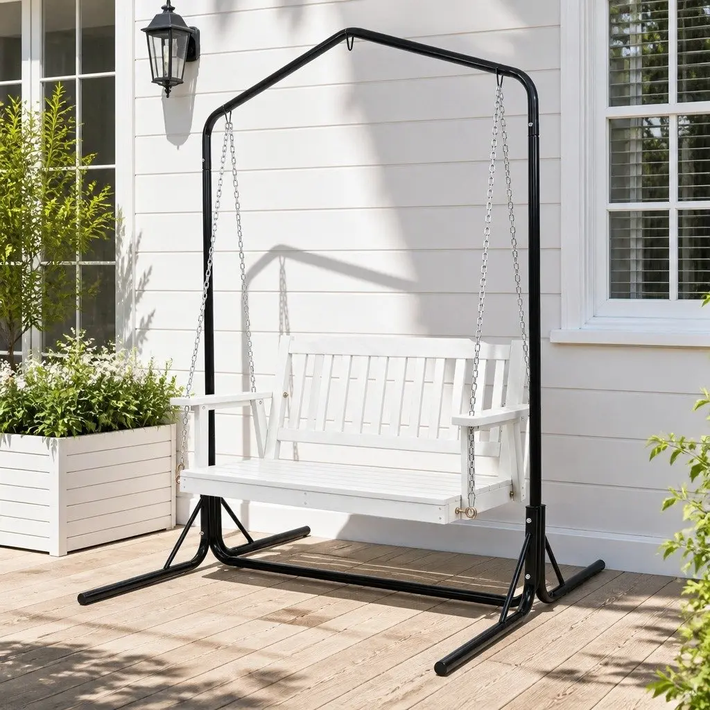 Outdoor Swing Chair Wooden Bench 2-Seater with Metal Stand White