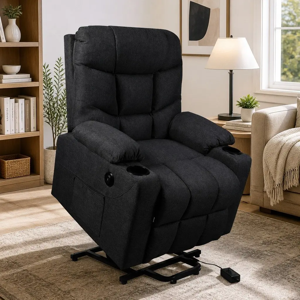 Electric Lift Recliner Chair Black Microfibre Wide Seat Adjustable Backrest