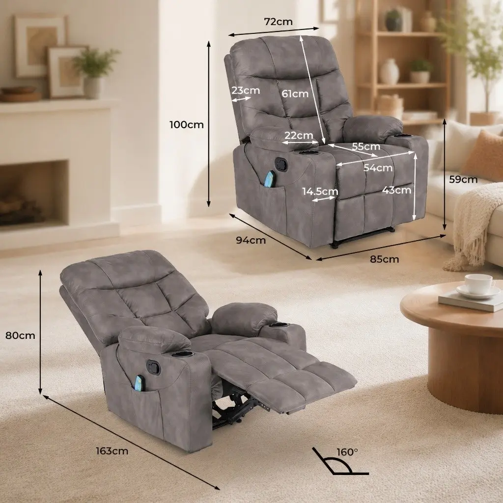 Electric Massage Recliner Chair 8-Point Heat Lumbar Support Grey