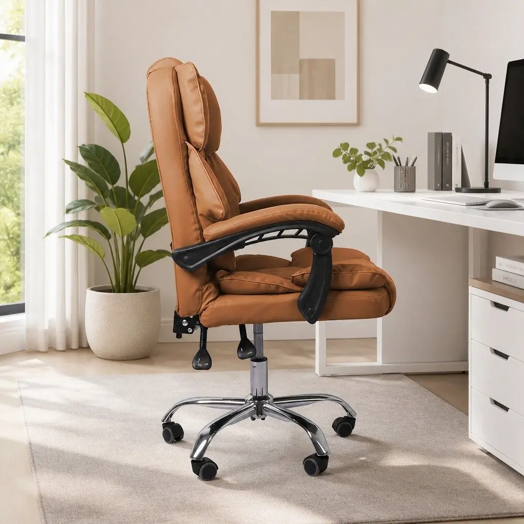 Gaming Chair Office Computer Chair Brown PU Leather High Backrest Adjustable Height