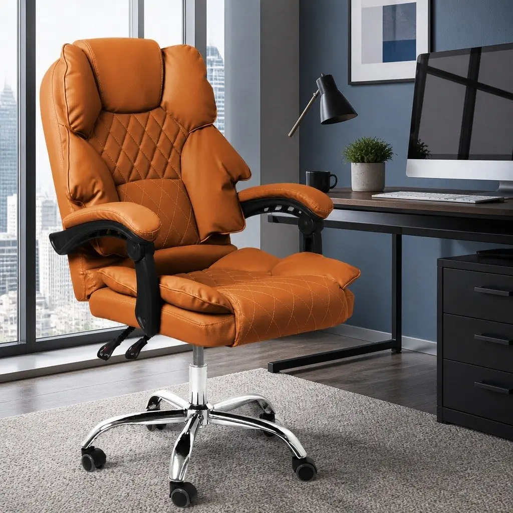 Gaming Chair Office Computer Chair Brown PU Leather High Backrest Adjustable Height
