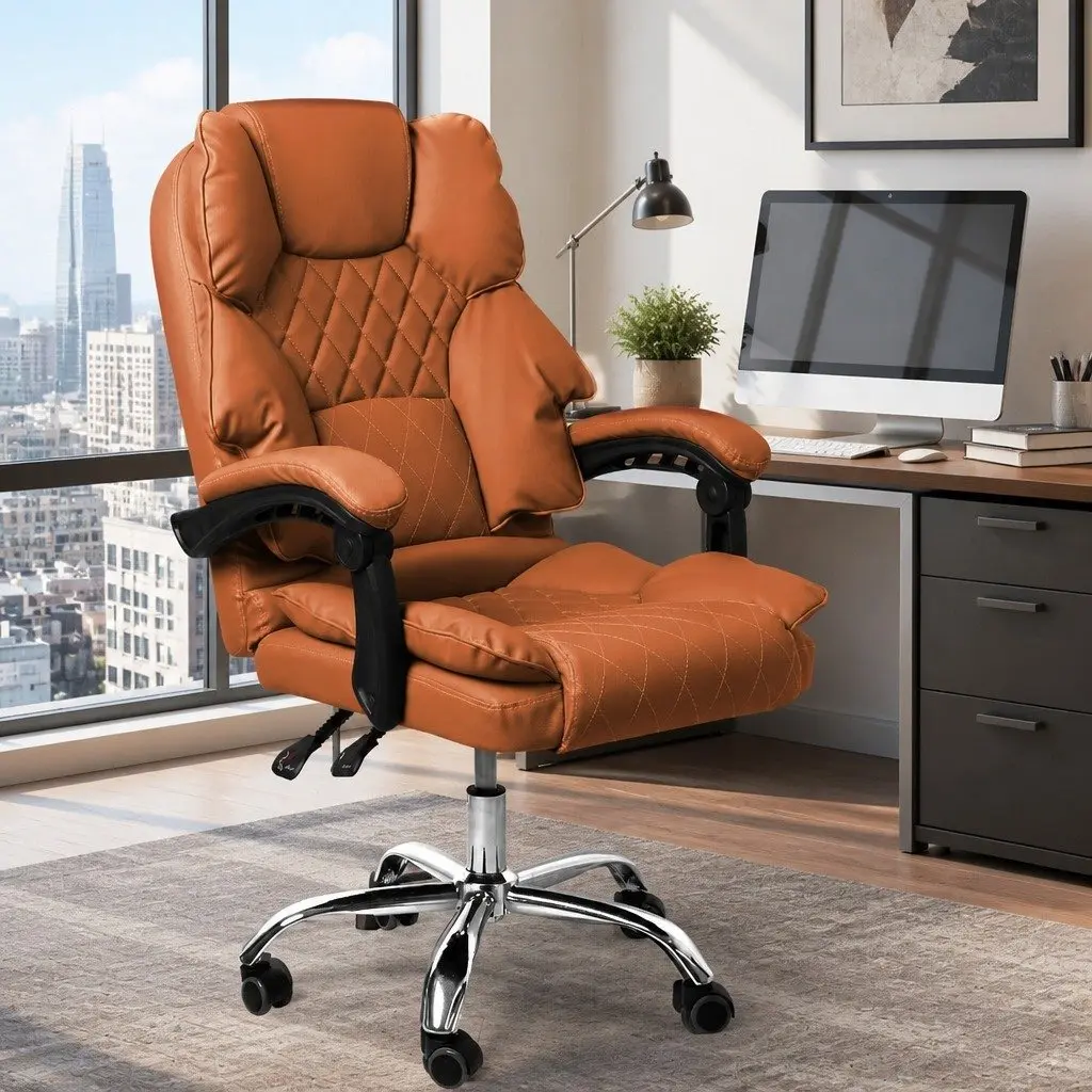 Gaming Chair Office Computer Chair Brown PU Leather High Backrest Adjustable Height