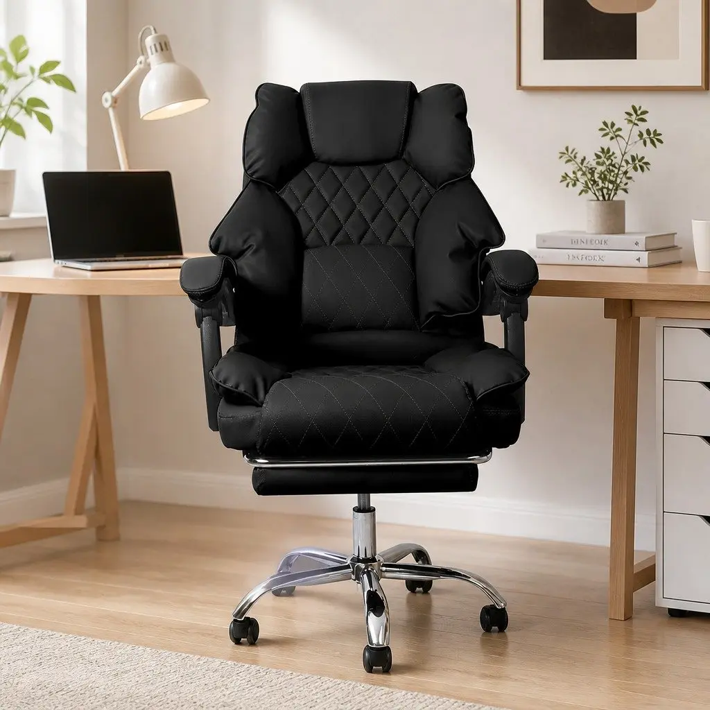 Gaming Office Chair Reclining Footrest Adjustable Height Black