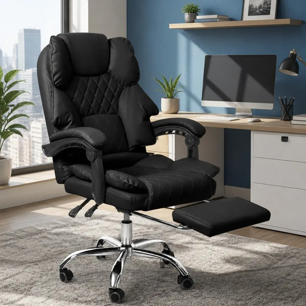 Gaming Office Chair Reclining Footrest Adjustable Height Black