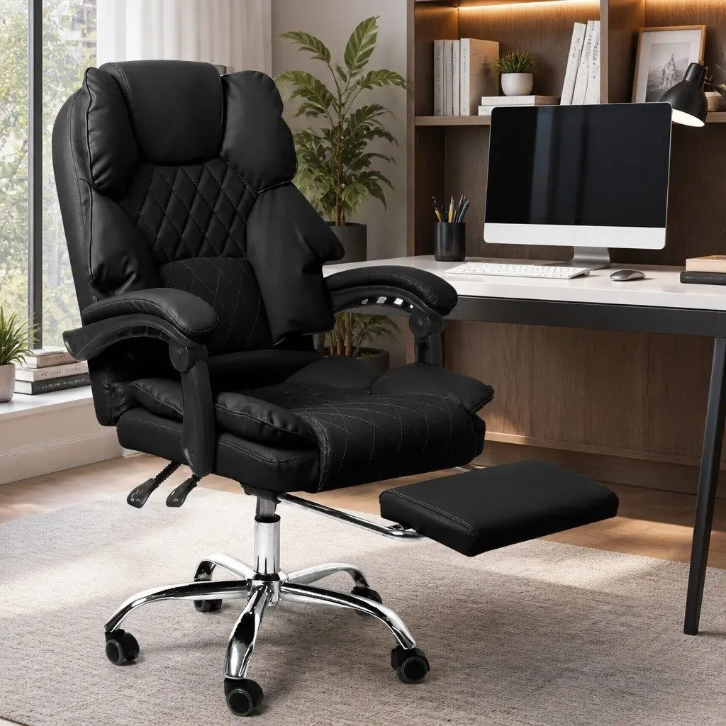 Gaming Office Chair Reclining Footrest Adjustable Height Black