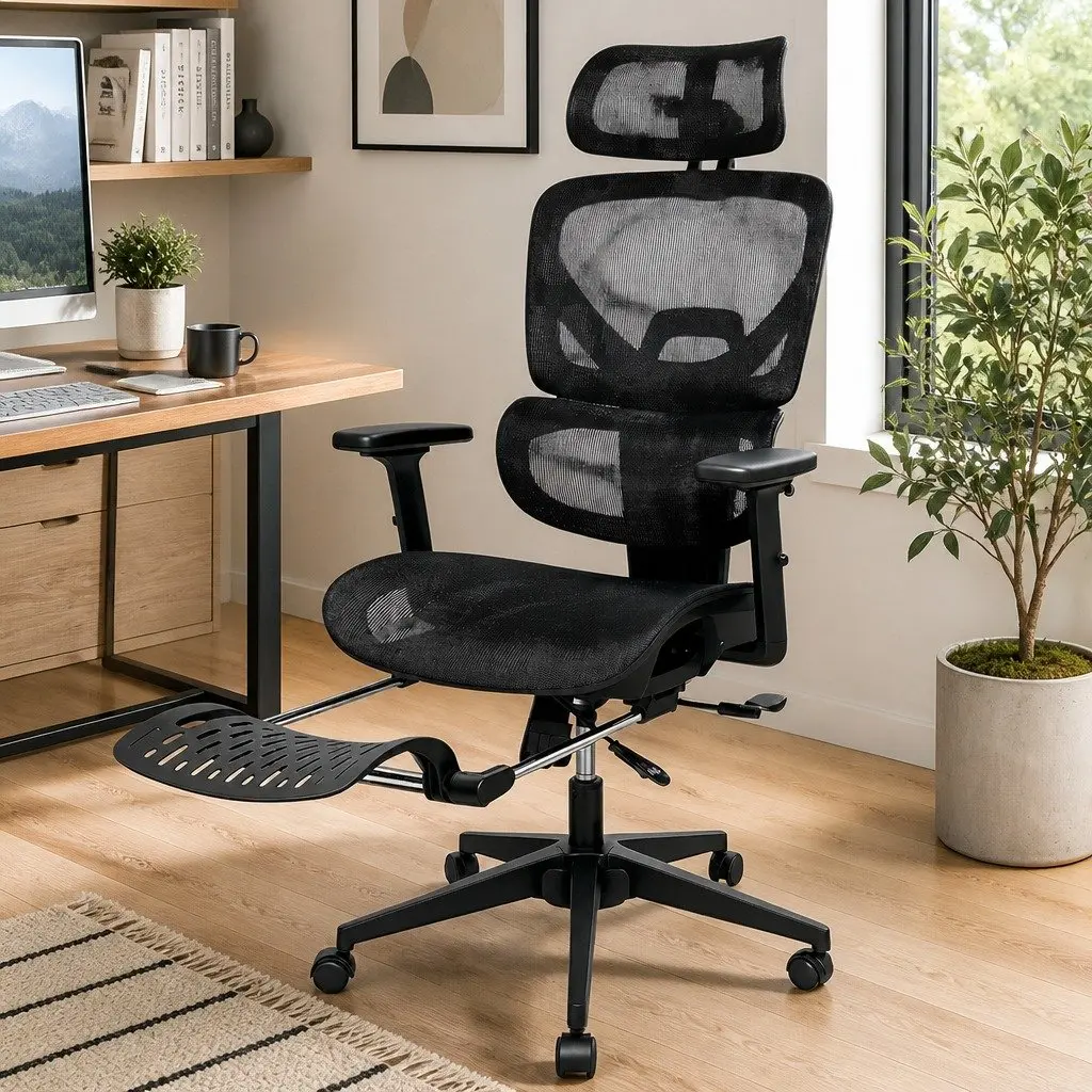 Ergonomic Office Chair Mesh Executive Seat Adjustable Lumbar Retractable Footrest Black