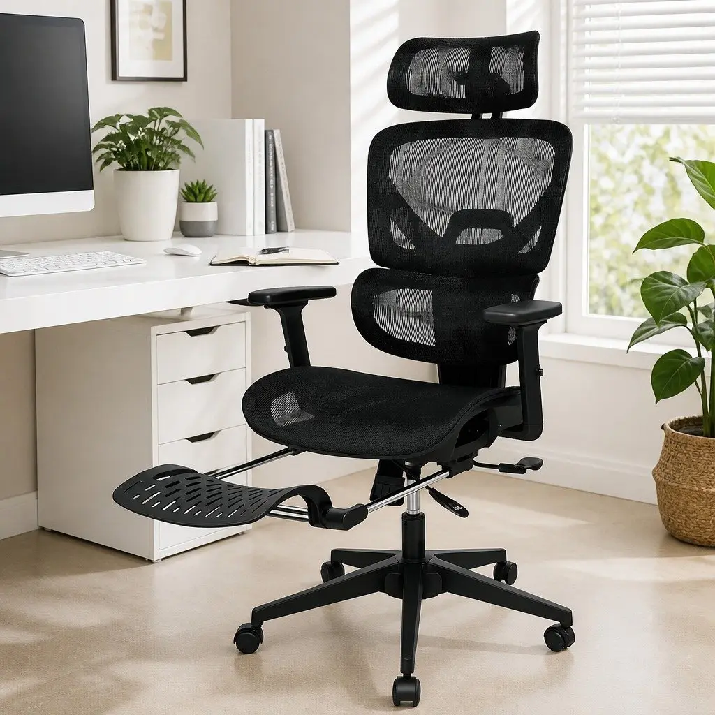 Ergonomic Office Chair Mesh Executive Seat Adjustable Lumbar Retractable Footrest Black
