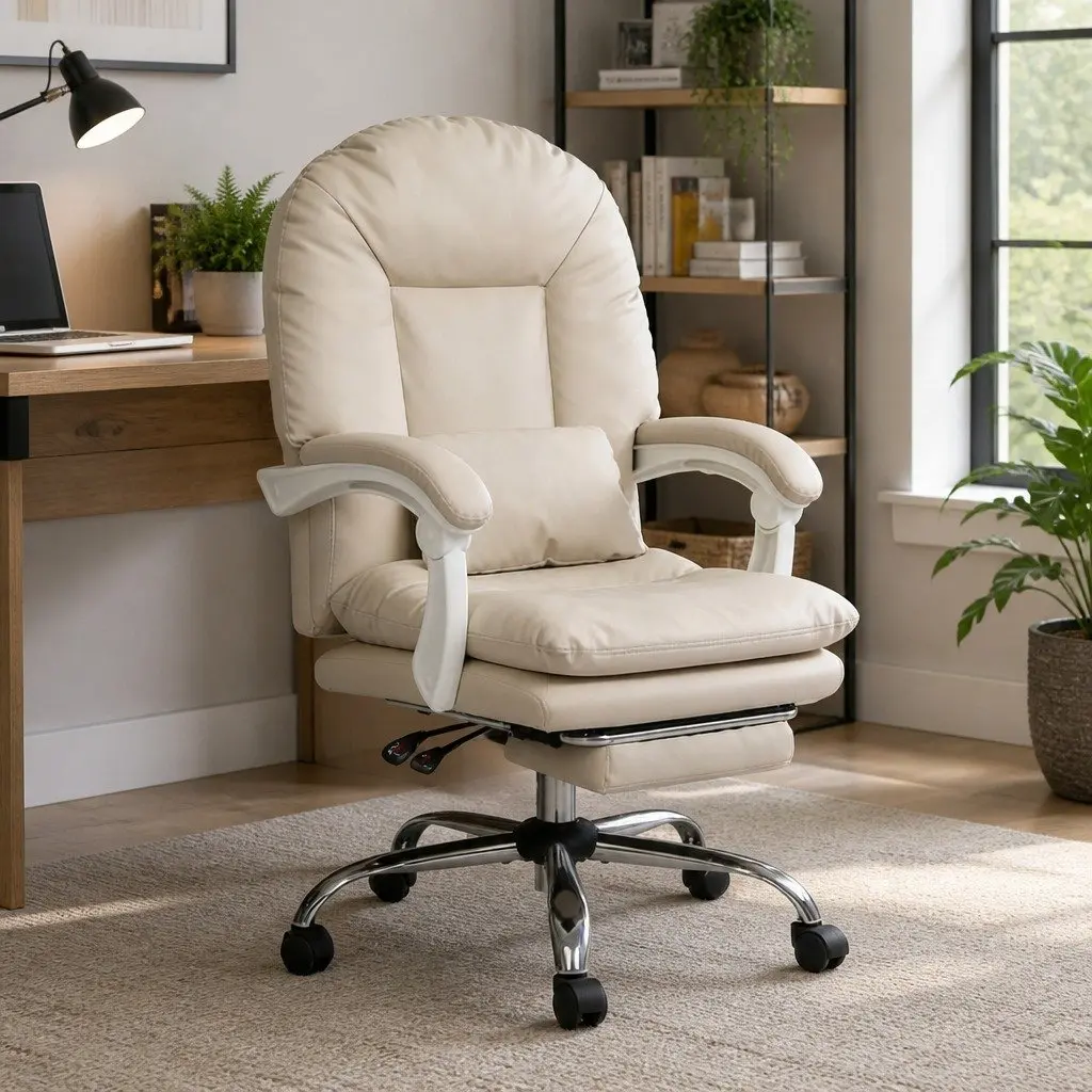 Executive Office Chair High Back Reclining Work Seat with Footrest Beige
