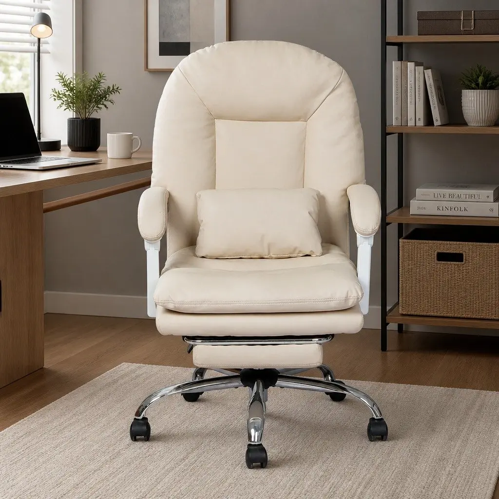 Executive Office Chair High Back Reclining Work Seat with Footrest Beige