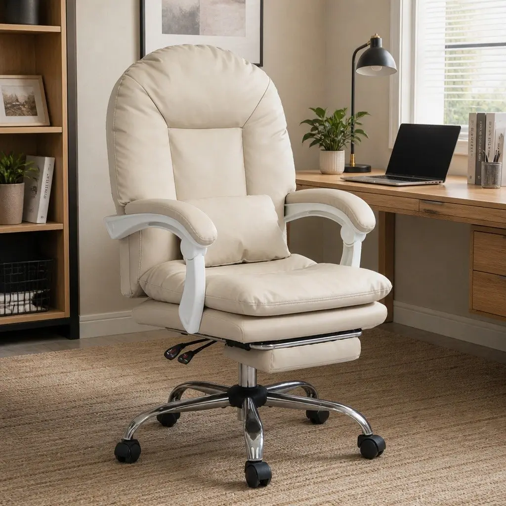 Executive Office Chair High Back Reclining Work Seat with Footrest Beige