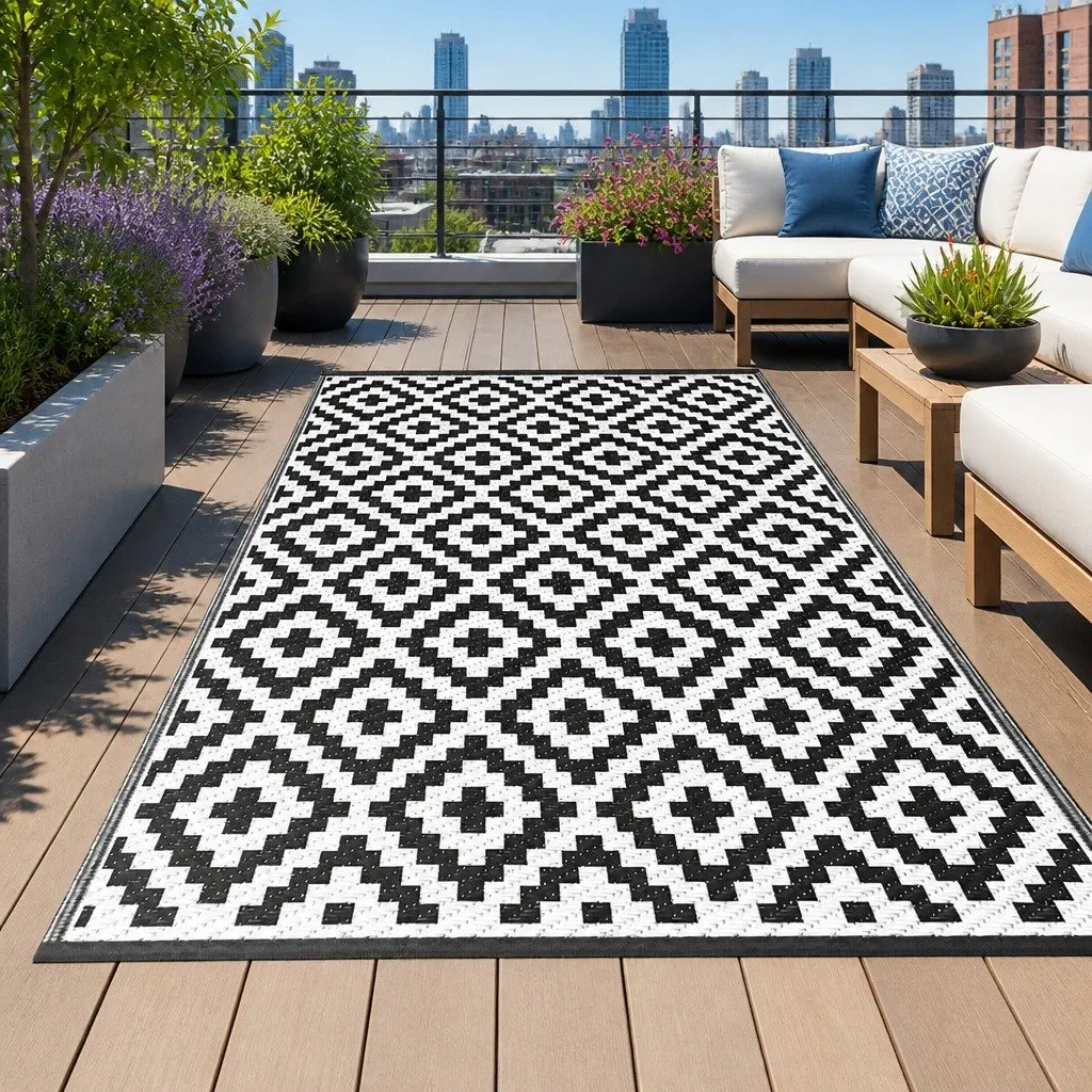 Reversible Dual-Sided Outdoor Rug 120x180cm Black for Patio Garden Camping and Beach Use