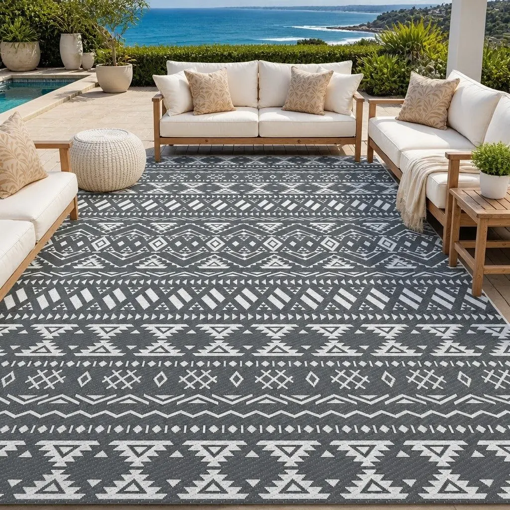 Outdoor Reversible Area Rug 274x366cm Grey Large Patio Carpet Dual-Sided