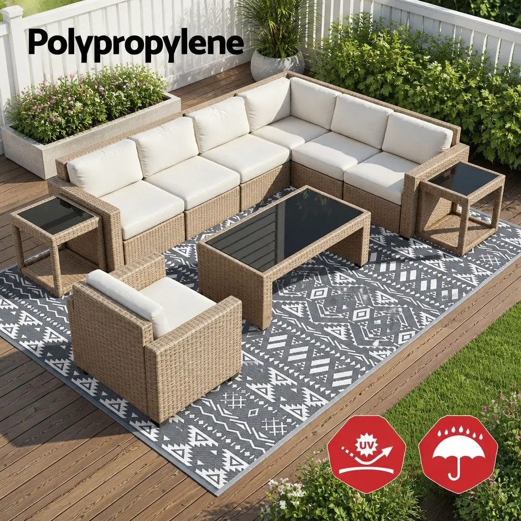 Outdoor Reversible Area Rug 274x366cm Grey Large Patio Carpet Dual-Sided