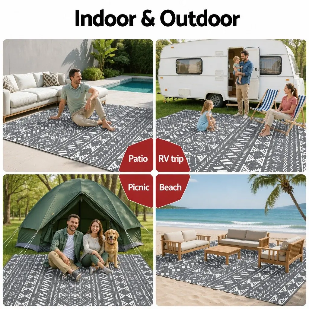 Outdoor Reversible Area Rug 274x366cm Grey Large Patio Carpet Dual-Sided
