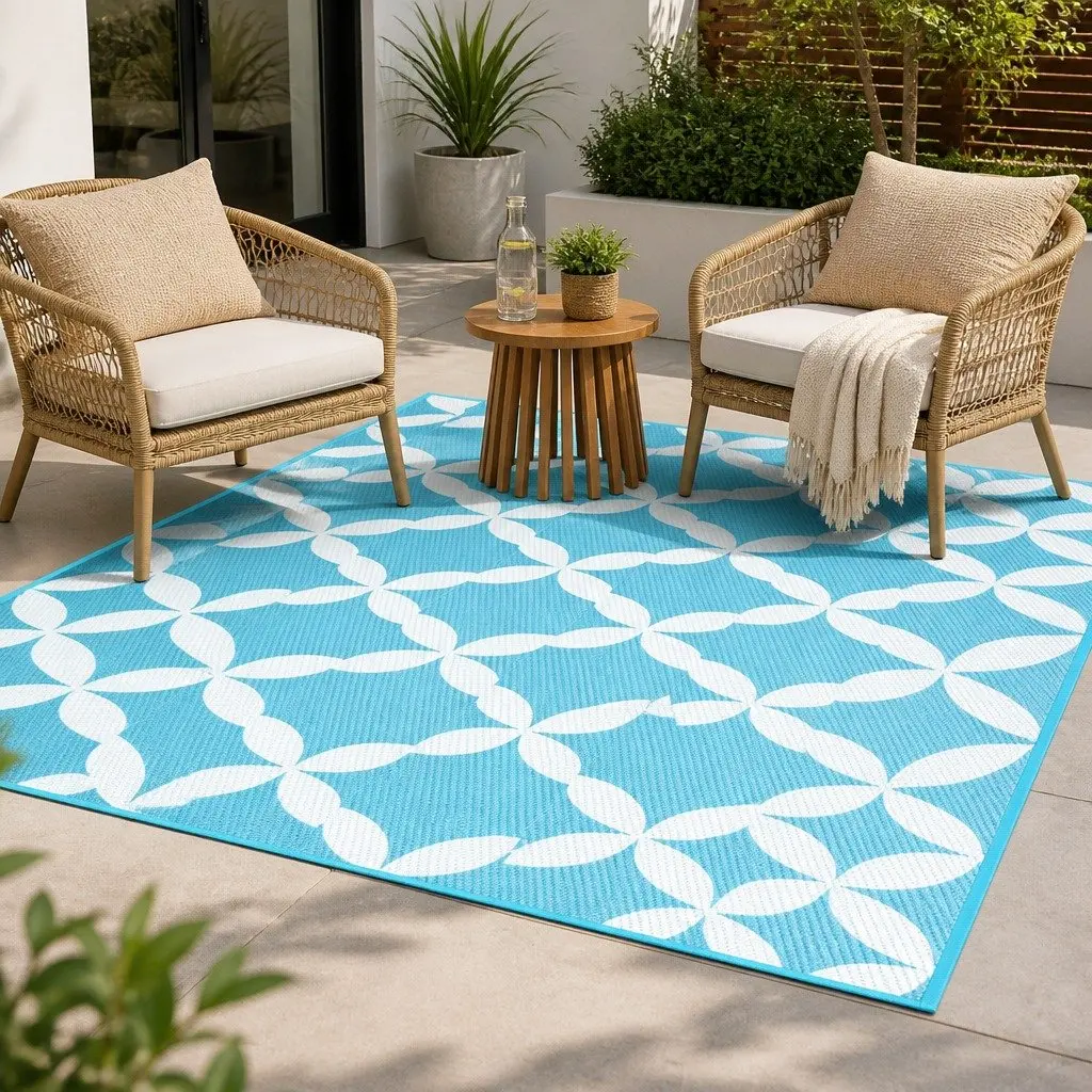 Outdoor Rug Reversible Dual-Sided Patio Carpet Large Mat Light Blue