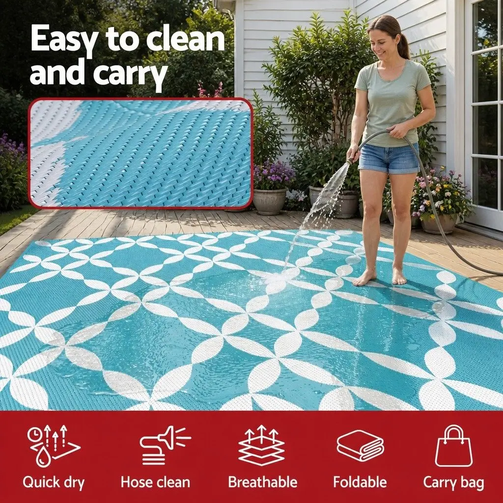 Outdoor Rug Reversible Dual-Sided Patio Carpet Large Mat Light Blue