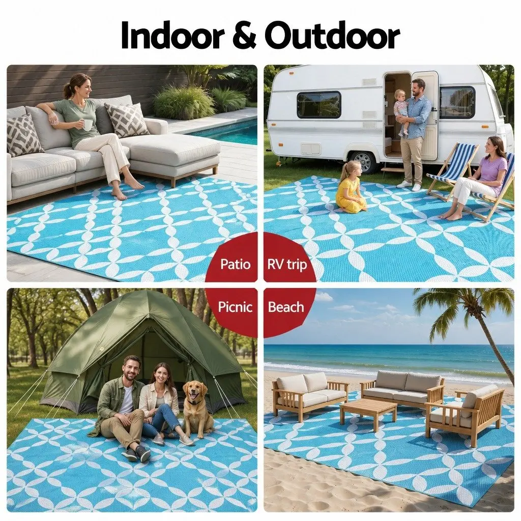 Outdoor Rug Reversible Dual-Sided Patio Carpet Large Mat Light Blue