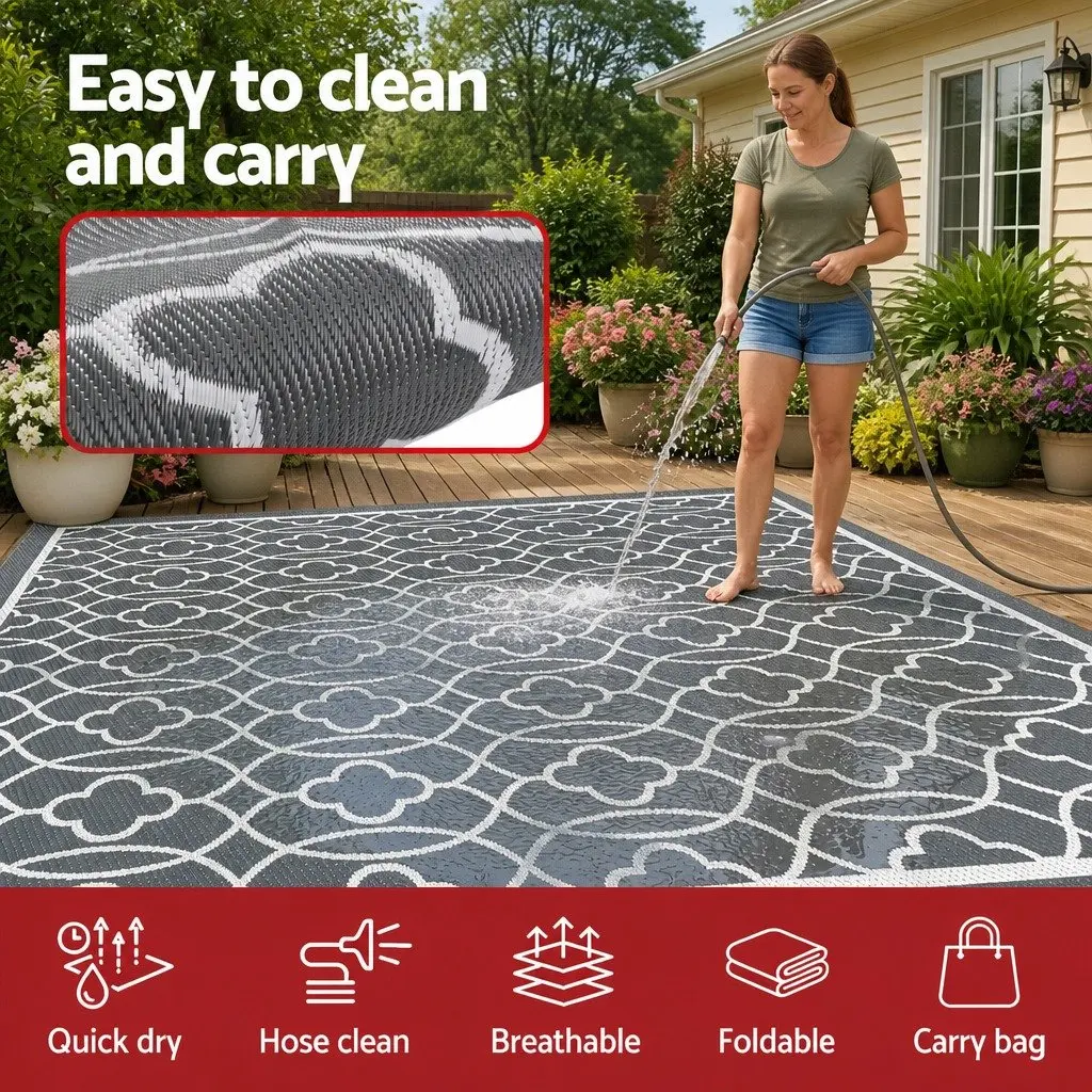 Outdoor Rug Reversible Patio Mat 274x366cm Grey Dual-Sided