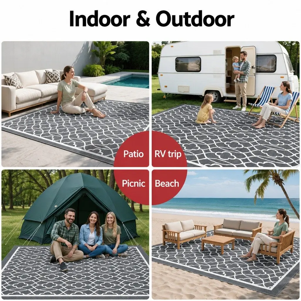 Outdoor Rug Reversible Patio Mat 274x366cm Grey Dual-Sided