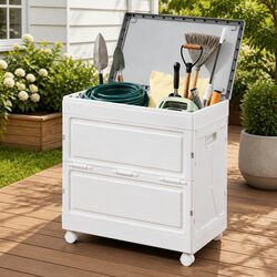 Outdoor Storage Box 159L Stackable Beige Wheels Portable Foldable Garden