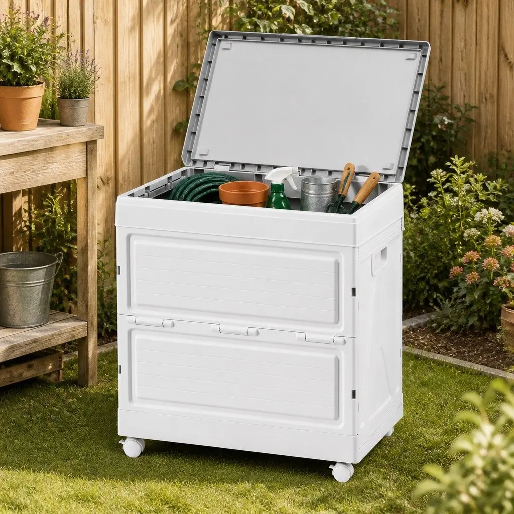 Outdoor Storage Box 159L Portable Foldable Beige Wheels Garden