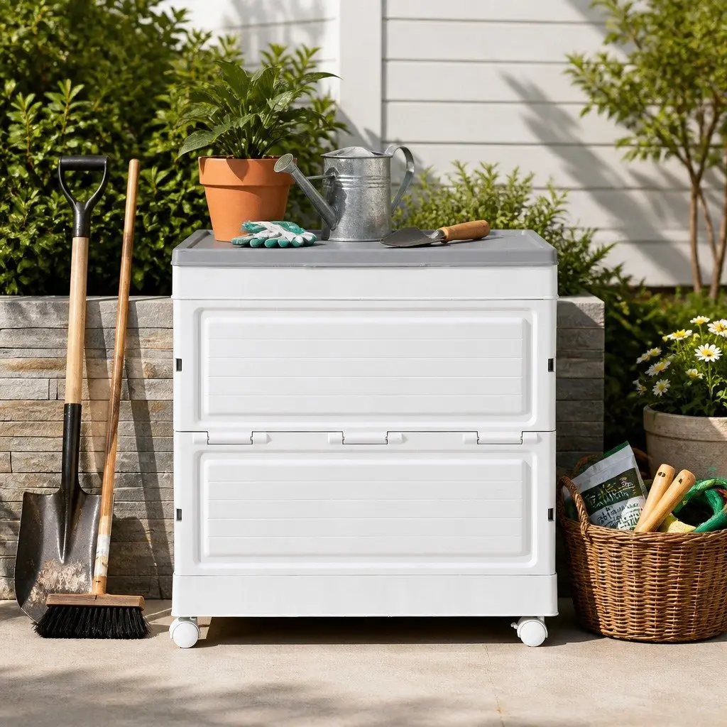 Outdoor Storage Box 159L Portable Foldable Beige Wheels Garden