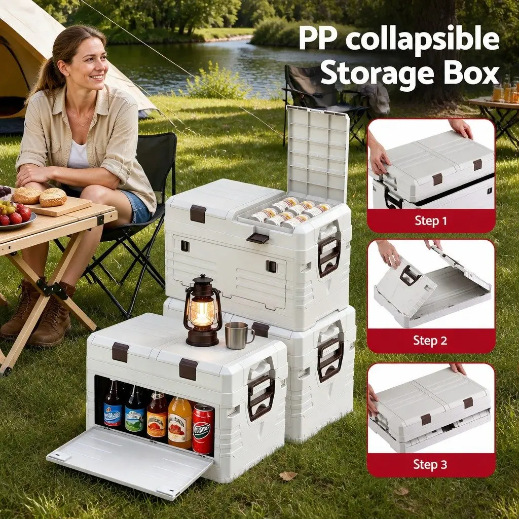 40L Outdoor Storage Box Portable Foldable Camping Organizer Beige