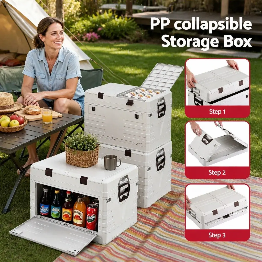 Outdoor Storage Box 60L Collapsible Organizer Portable Beige