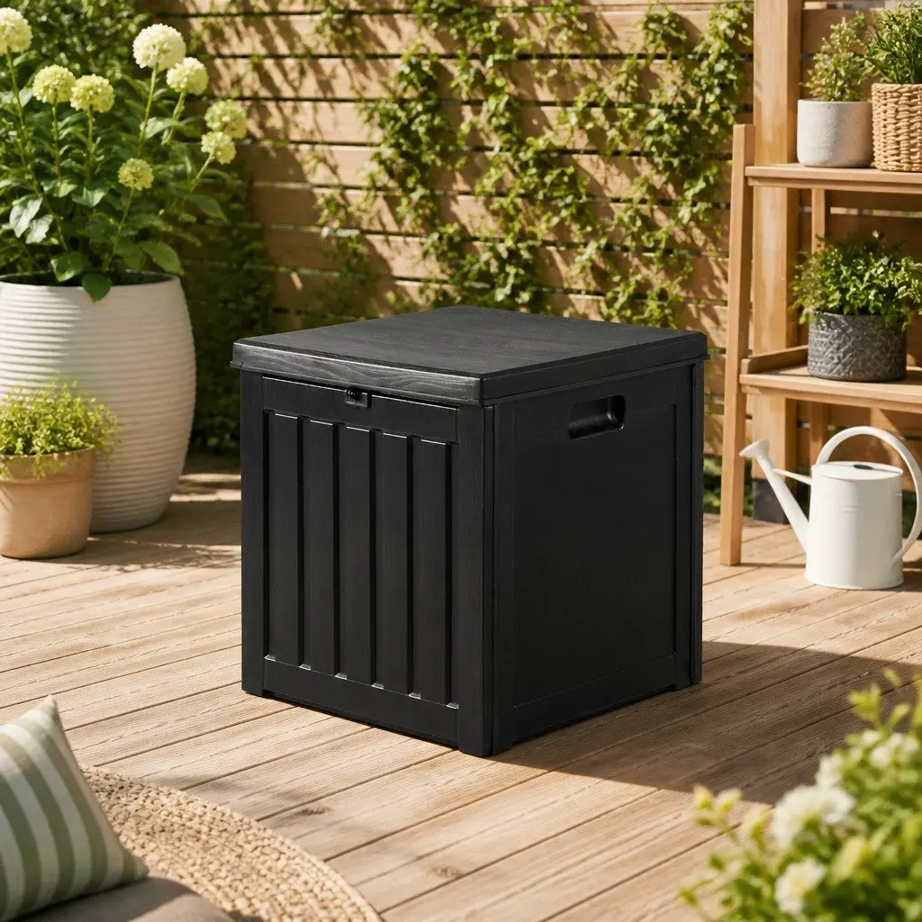 Outdoor Storage Box 80L Lockable Container Garden Tool Shed Bench Seat Black