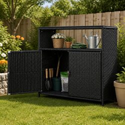 Versatile Black Wicker Storage Cabinet for Gardens