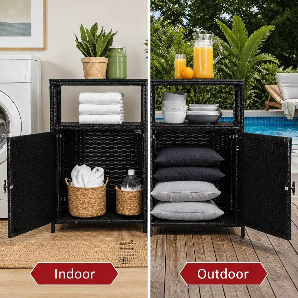 Outdoor Storage Cabinet Black Wicker Garden Tools Chest 1025cm x 840cm x 360cm