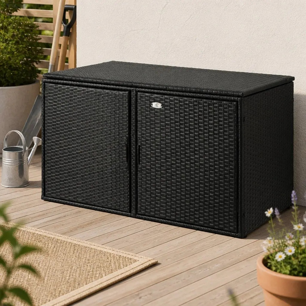 Outdoor Storage Cabinet Box Wicker Chest Deck Shelf Garden Tools Black 110.5cm