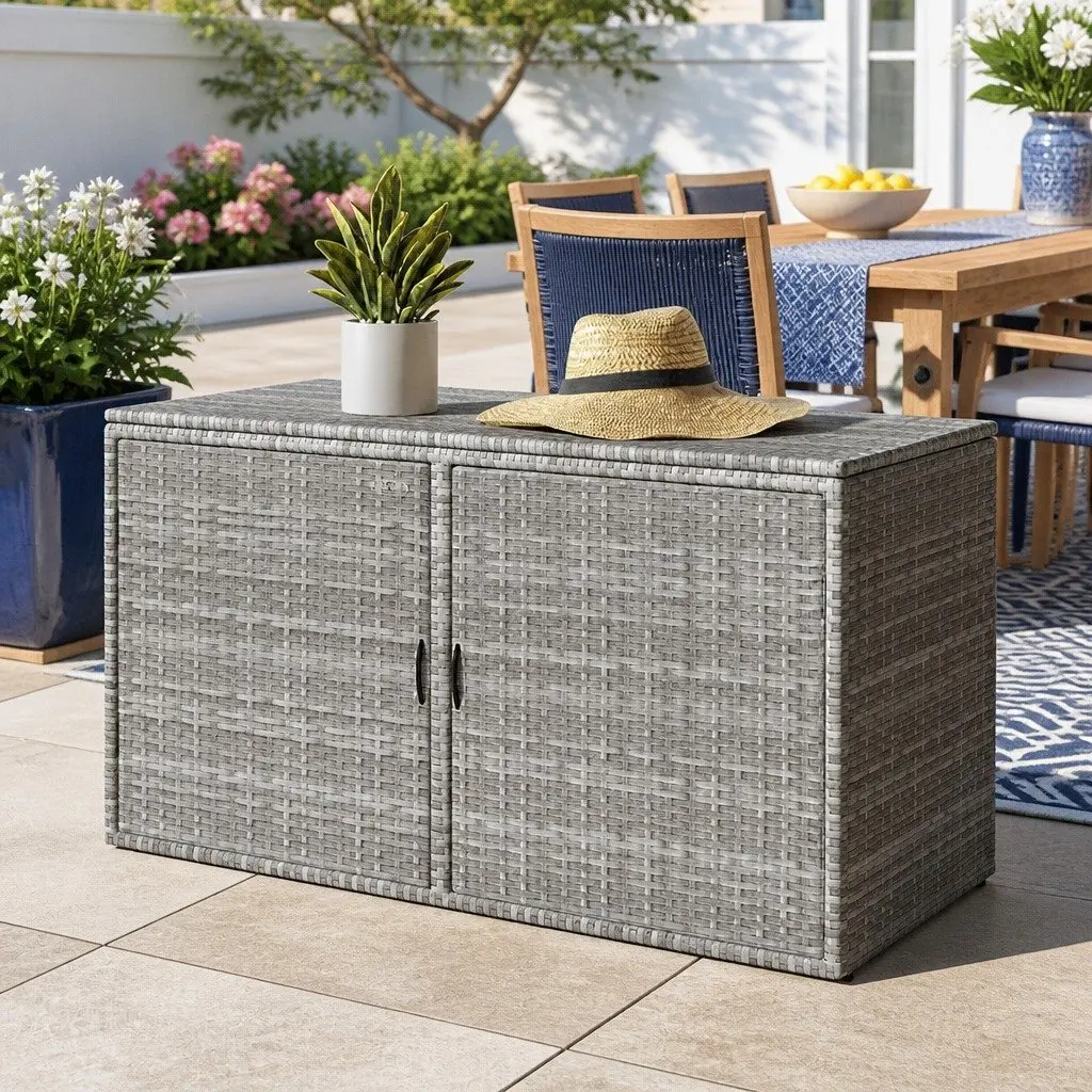 Outdoor Storage Cabinet Wicker Box Deck Chest Garden Shed Tools Organiser Grey