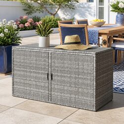 Reliable Outdoor Storage with Grey Wicker Design