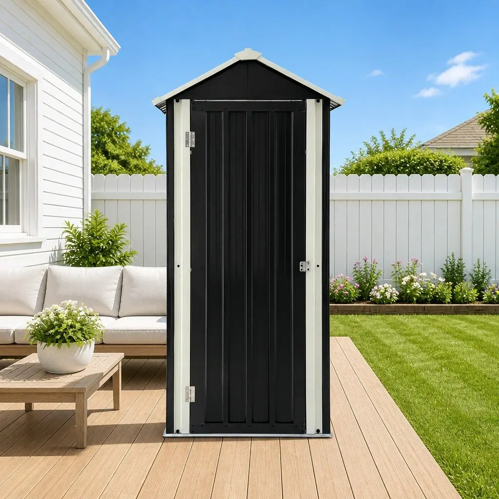 Outdoor Storage Cabinet Vertical Garden Shed Steel Tool Lockable Black 78cm x 56cm x 178cm