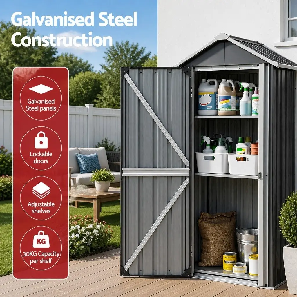 Outdoor Storage Cabinet Vertical Garden Shed Steel Tool Lockable Black 78cm x 56cm x 178cm