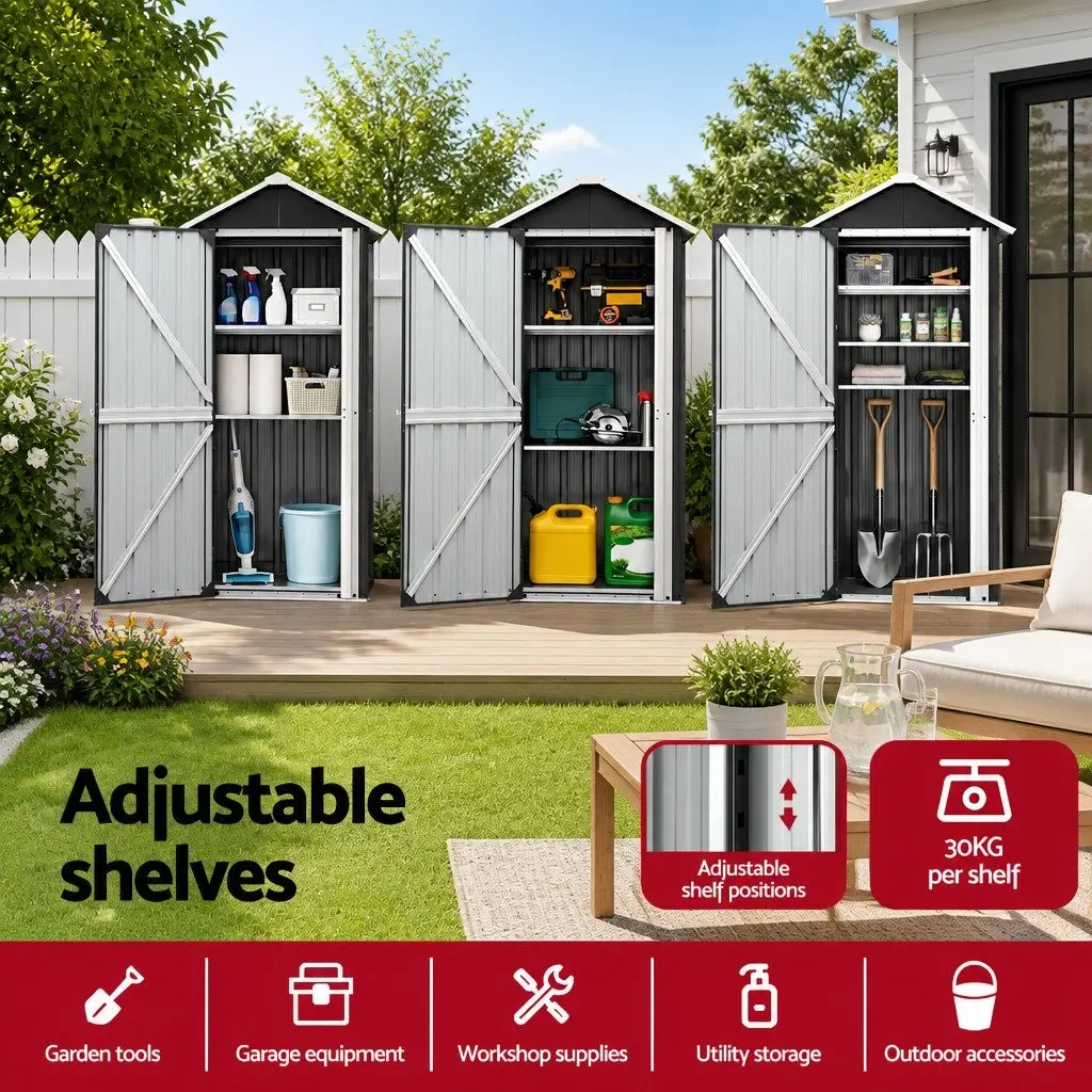 Outdoor Storage Cabinet Vertical Garden Shed Steel Tool Lockable Black 78cm x 56cm x 178cm