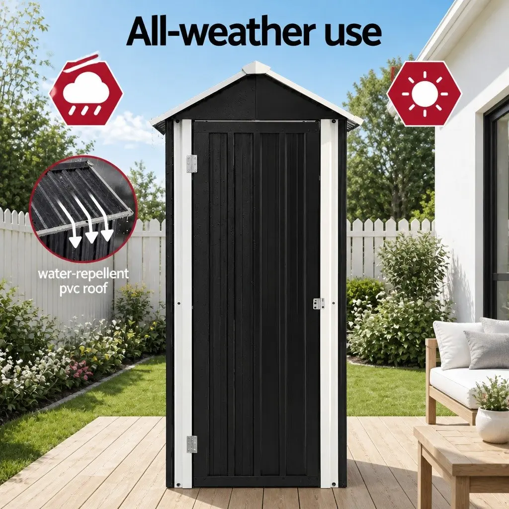 Outdoor Storage Cabinet Vertical Garden Shed Steel Tool Lockable Black 78cm x 56cm x 178cm